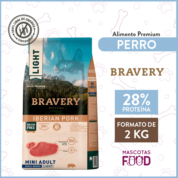 Bravery para Perro Mini-Adulto sabor Cerdo Ibérico LIGHT 2 KG