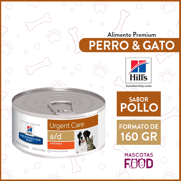 Alimento húmedo para Perro y Gato Cuidados Urgentes A/D Hill's sabor Pollo 160grs.