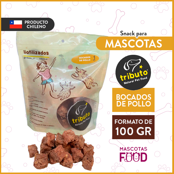 Snack para Perros y Gatos Bocados de Pollo Tributo 100GR.