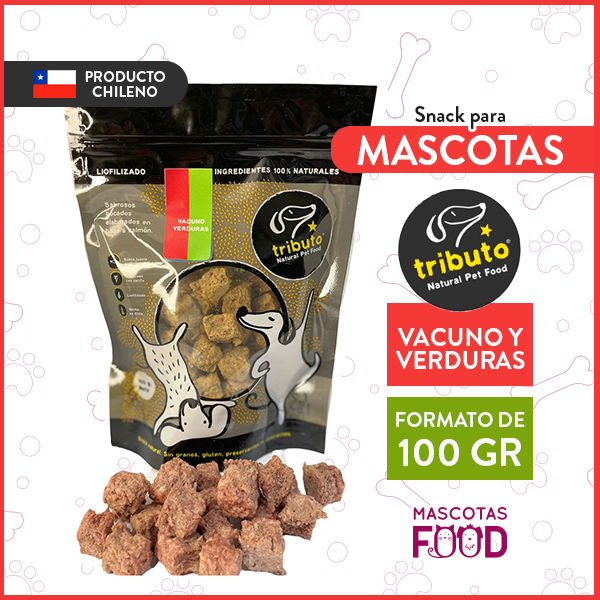 Snack para perros y gatos liofilizados Vacuno y Verduras Tributo 100GR.