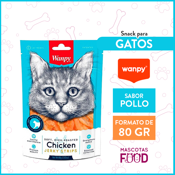 Snack para gatos Wanpy Chicken Jerky Strips 80GR.