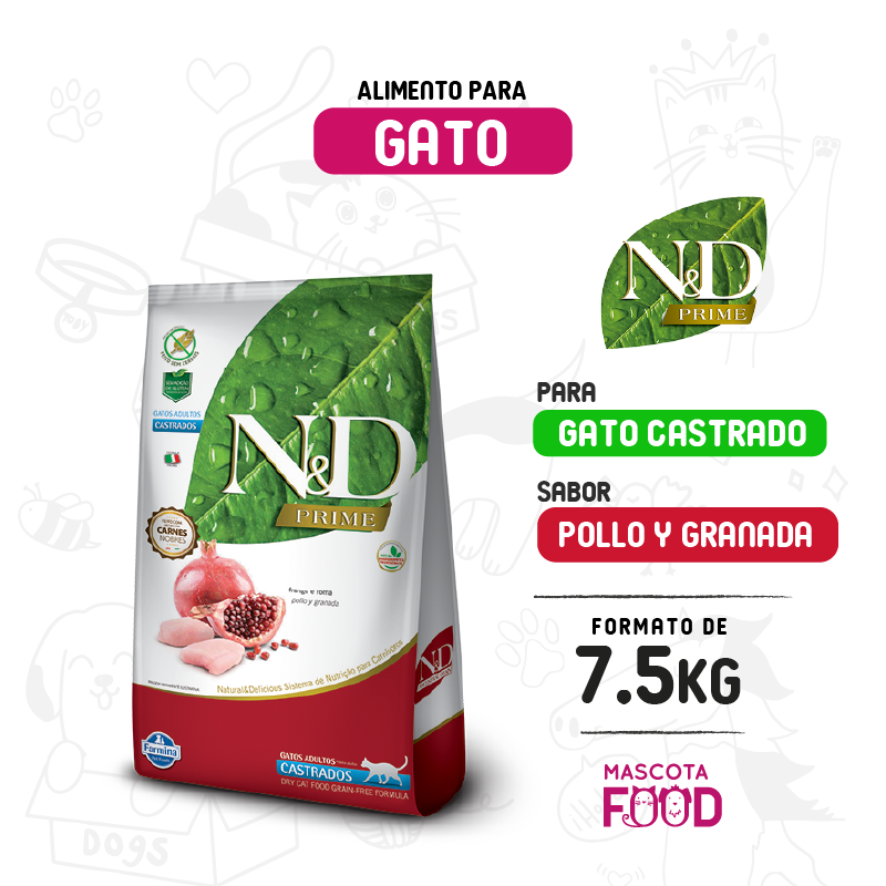 N&D Prime para Gato castrado sabor pollo y granada 7.5 KG