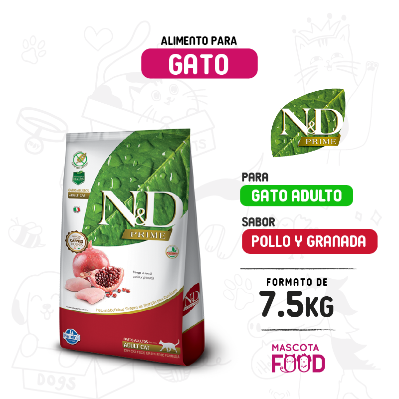 N&D Prime para Gato adulto sabor Pollo y granada 7.5 KG