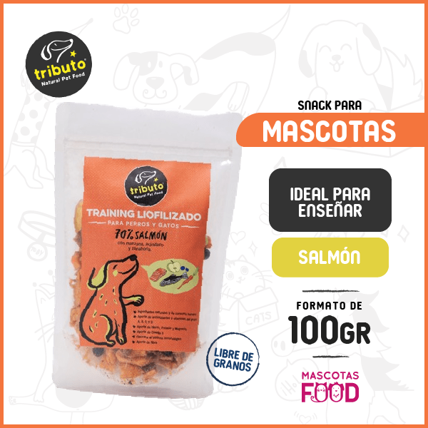 Snack Liofilizado para entrenamiento Tributo Sabor Salmon con manzana, arándanos y zanahoria 100 GR