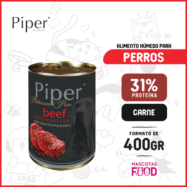 Alimento húmedo para Perro Adulto Piper Animals sabor Carne y arroz integral 400grs.
