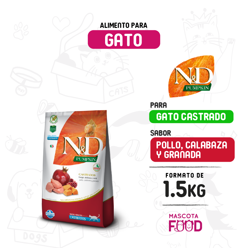 Alimento para Gato Castrado N&D Pumpkin Sabor Pollo, calabaza y granada 1.5 KG