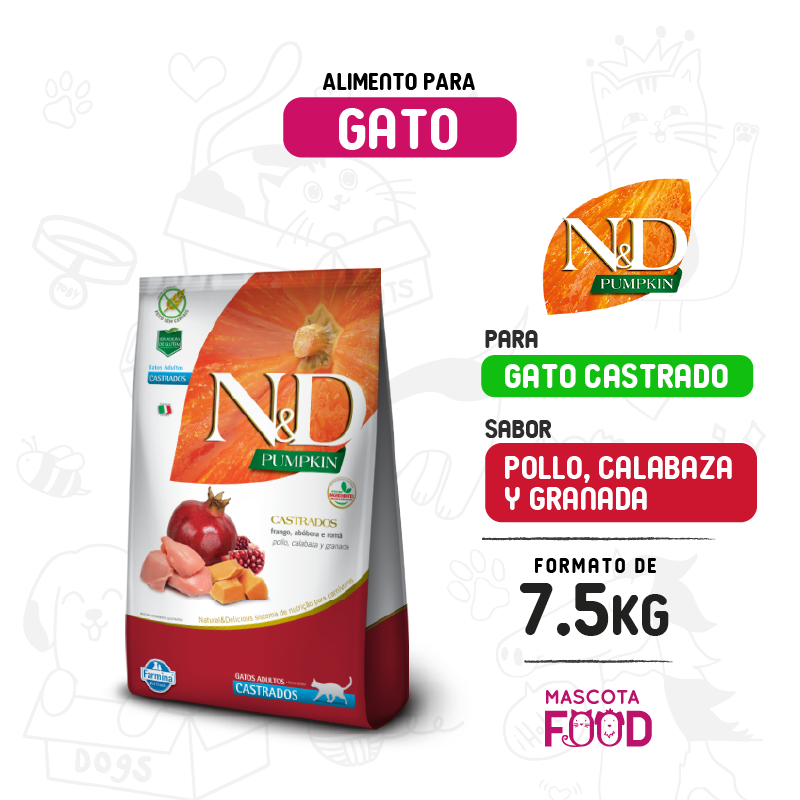 Alimento para Gato Castrado N&D Pumpkin Sabor Pollo, calabaza y granada 7.5 KG