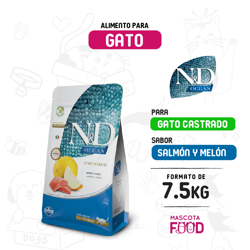 N&D Ocean para Gato castrado sabor Salmón y melón 7.5 KG 1 N&D Ocean para Gato castrado sabor Salmón y melón 7.5 KG