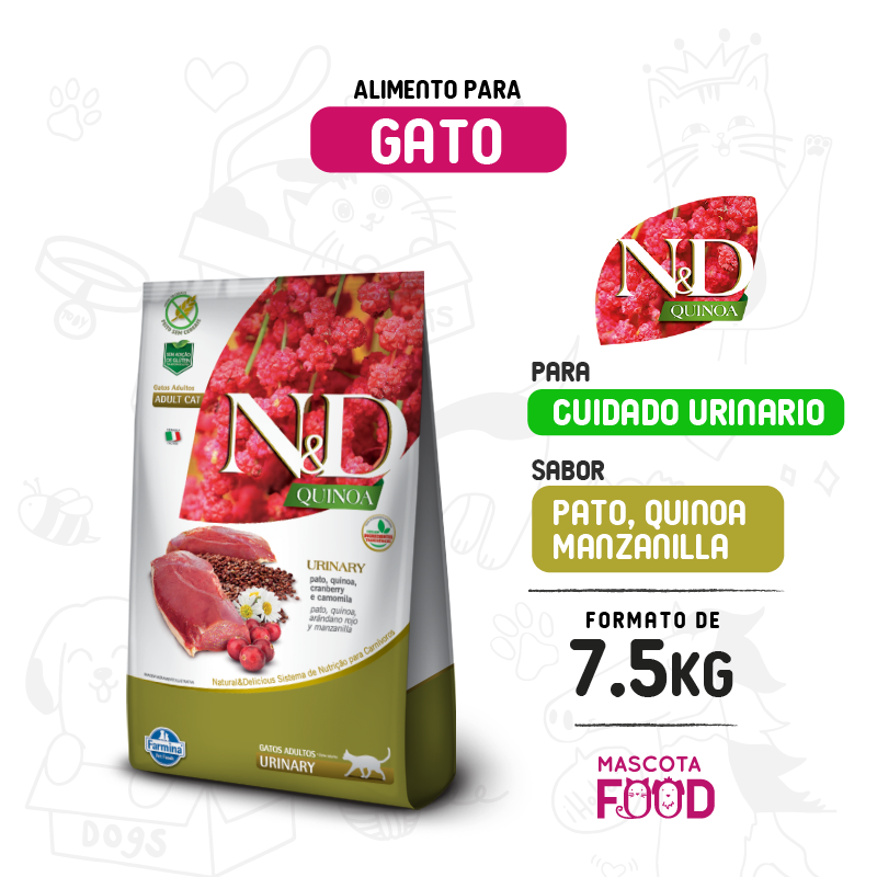 N&D Quinoa Urinario para Gato adulto sabor Pato manzanilla 7.5 KG