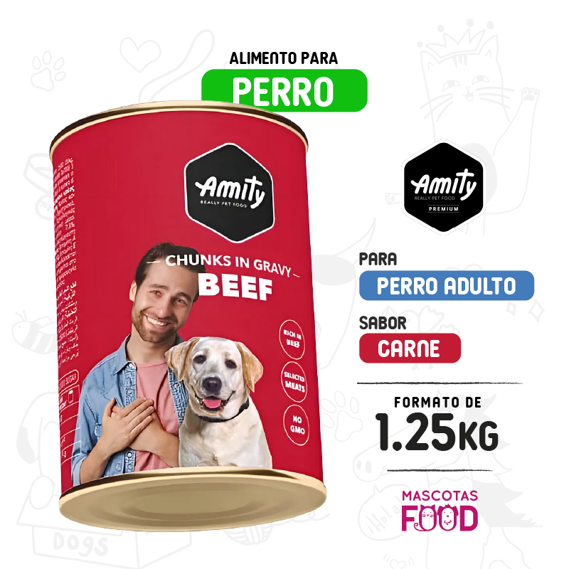 Lata para Perro Amity Bocados de vacuno en salsa 1250 GRS
